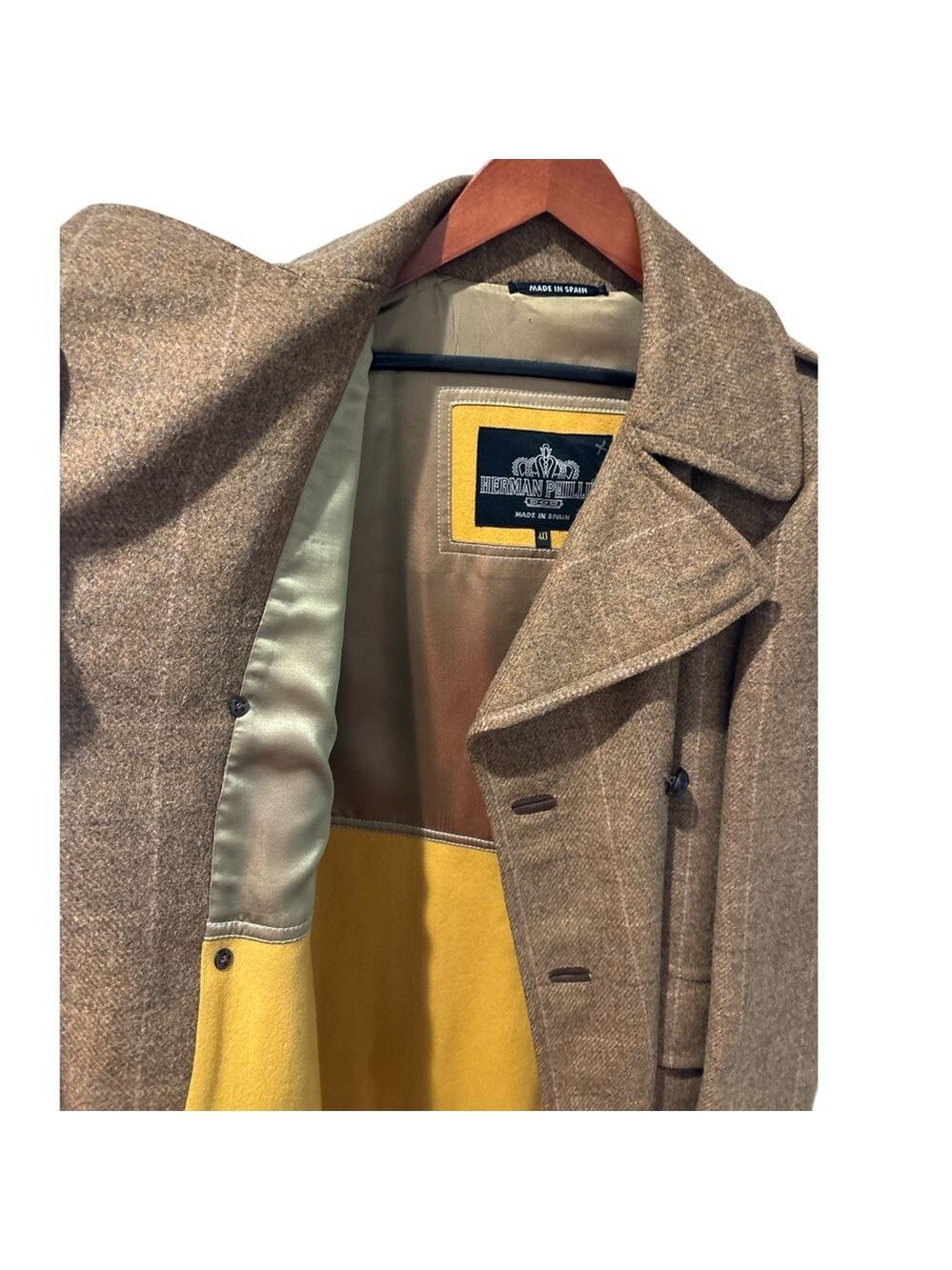 VTG HERMAN PHILLIPS WOOL TAN PLAID ECLECTIC GRANDPA DBL BREASTED TRENCH COAT 40 - Picture 9 of 17